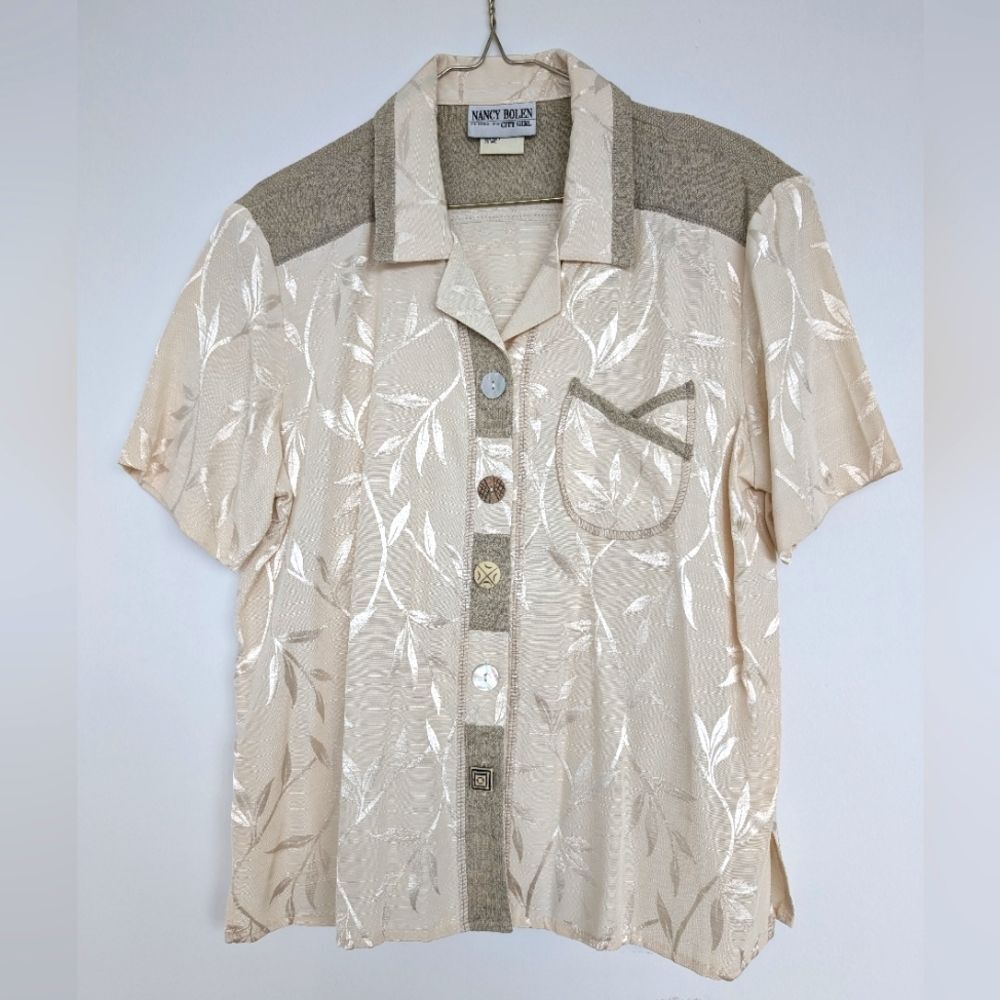 Vintage 80s City Girl by Nancy Bolen Funky Button Up Short sleeve Sz S Satin